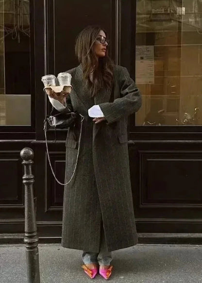 Long Woolen Coat Pinstripe Tailored Fit Gray