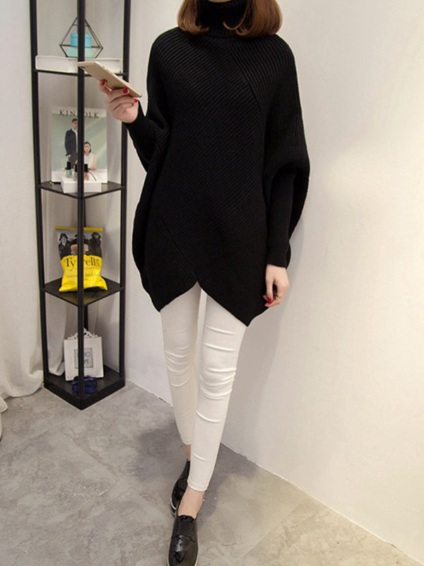 Casual Loose Batwing Sleeves Solid Color High-Neck Sweater Tops