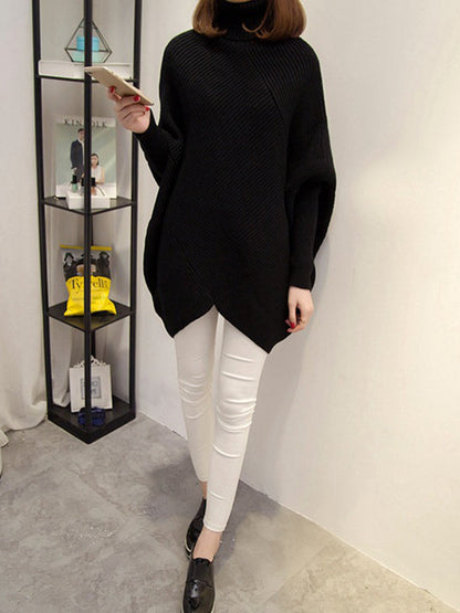 Casual Loose Batwing Sleeves Solid Color High-Neck Sweater Tops