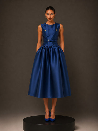 Lydia Sleeveless Round-Neck Midi Dress with Buttons and Pockets