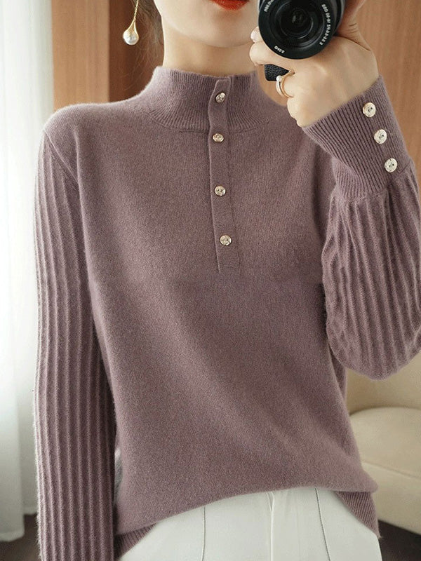 Casual Puff Sleeves Long Sleeves Solid Color Half Turtleneck Sweater Tops