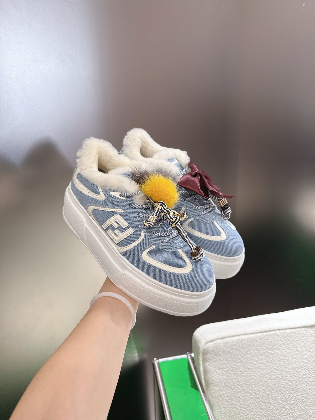 Fendi 2025 Match Platform Sneakers Blue White Denim Fabric Wool 562583