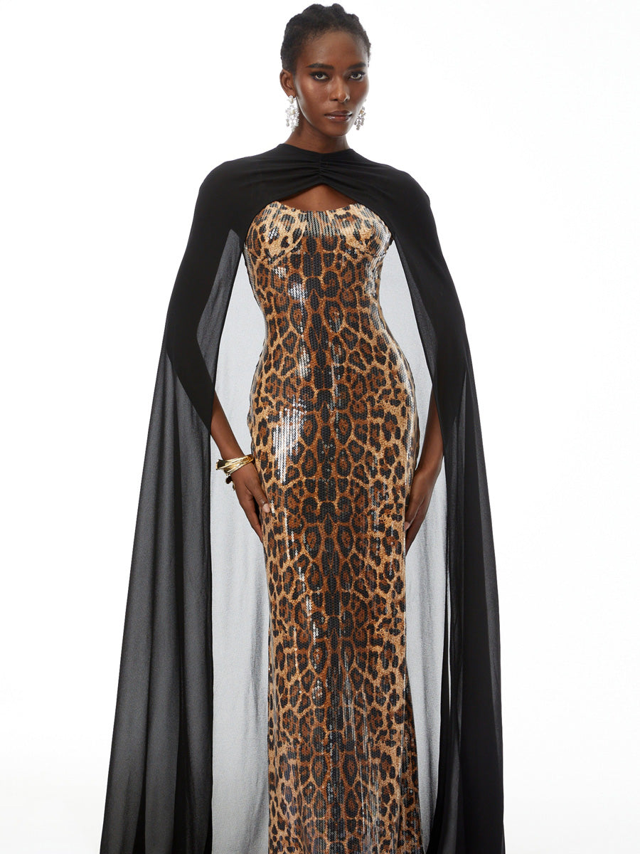 Harper Black Cape & Leopard Print Maxi Dress Set
