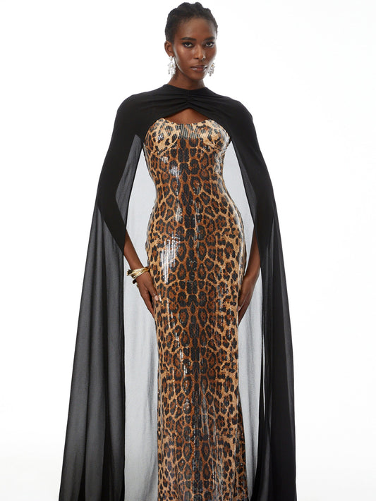 Harper Black Cape & Leopard Print Maxi Dress Set