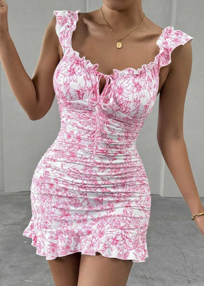 Floral Mini Dress Pink Ruched Off Shoulder
