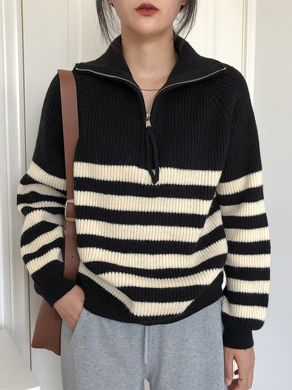 Urban Striped Zipper High-Neck Sweater Tops Pullovers