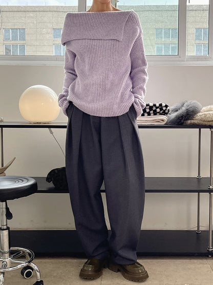 Casual Loose Long Sleeves Solid Color Lapel Sweater Tops
