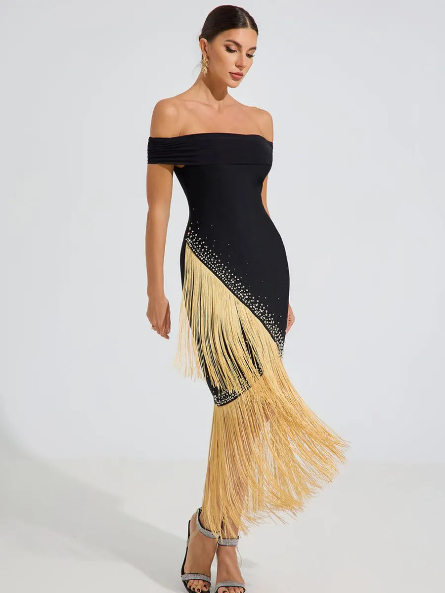 Taylor Gold Fringe Elegance Midi Dress In Black