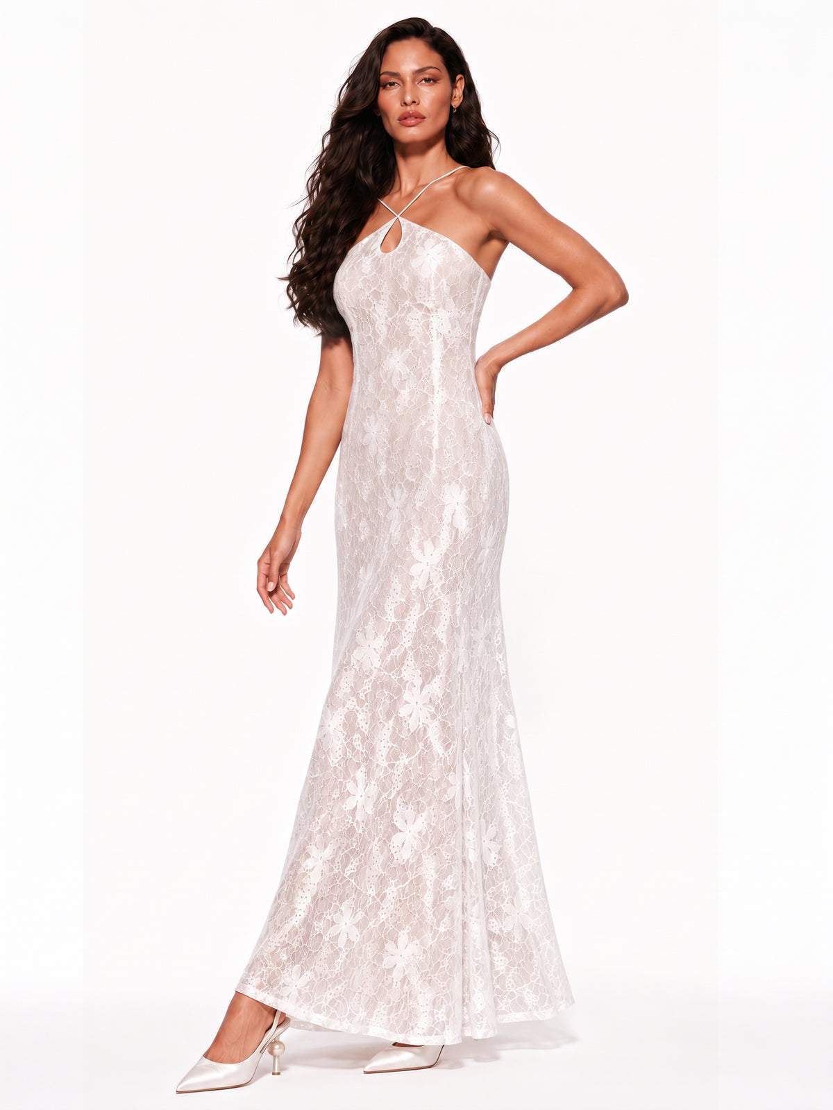 Clara Halter-Neck Lace Slip Maxi Dress