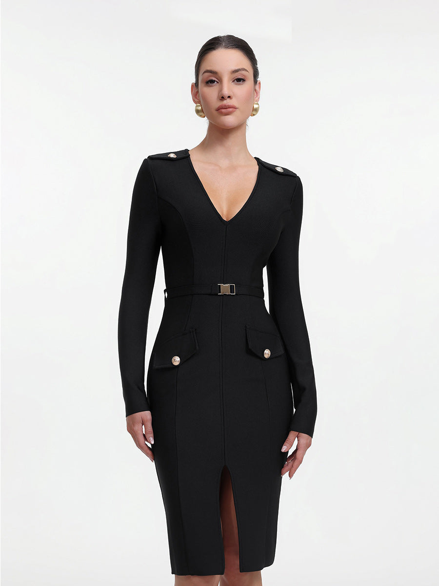 Malia Chic Contour Long Sleeve Bandage Midi Dress