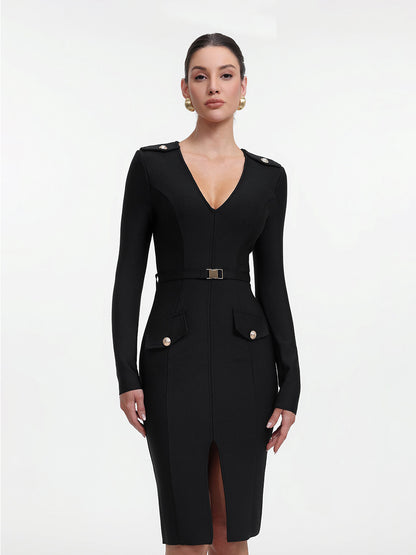 Malia Chic Contour Long Sleeve Bandage Midi Dress