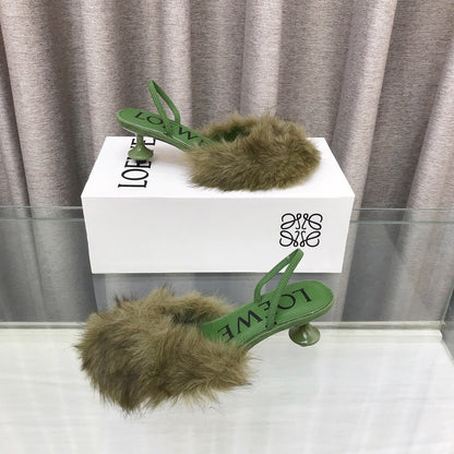 Loewe 25SS Fur-lined Mule 60 Green in Fox Fur 597438