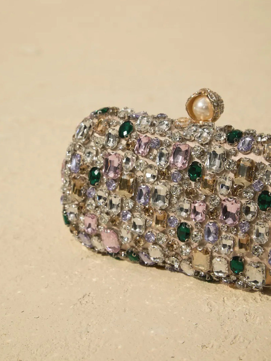 Bellatrix Crystal Embellished Satin Box Clutch Purse