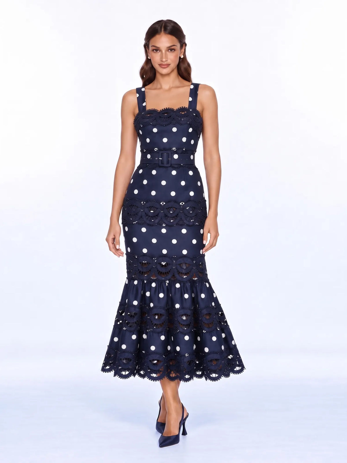 Neva Lace-Panel Polka-Dot Midi Dress