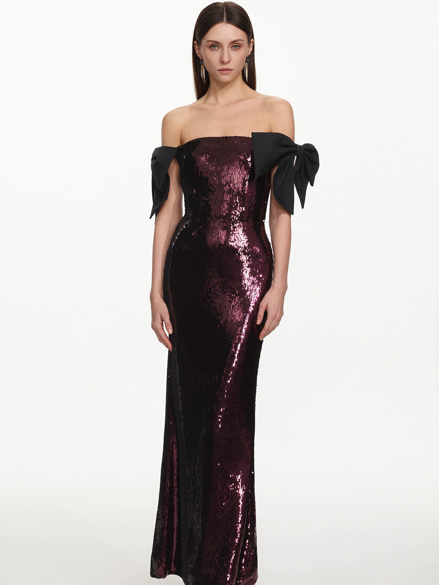 Gwyneth Glamorous Off Shoulder Bow Sequin Maxi Dress