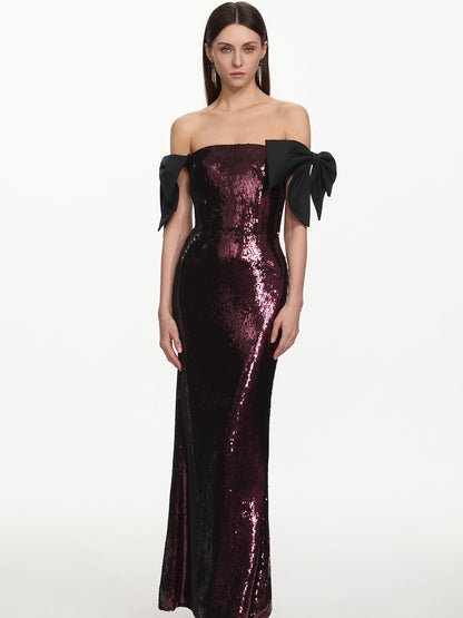 Gwyneth Glamorous Off Shoulder Bow Sequin Maxi Dress