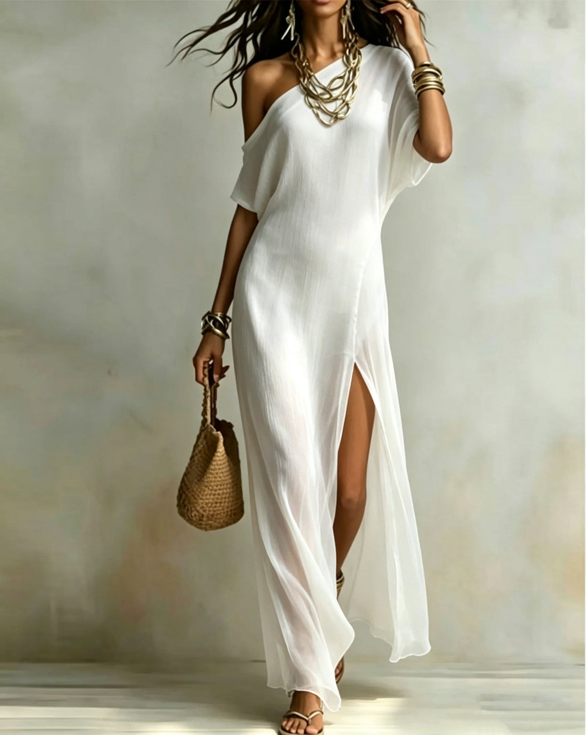 Slash Shoulder Slit Dress
