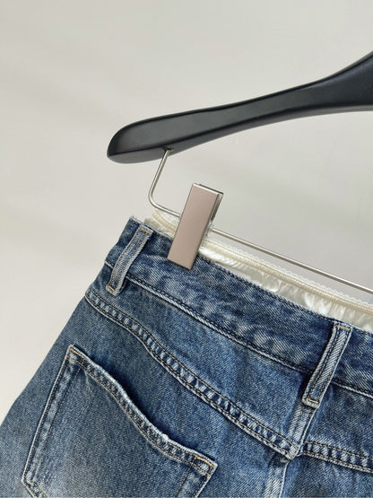 MIUMIU PATCHED DENIM SKIRT WITH LACE 275946