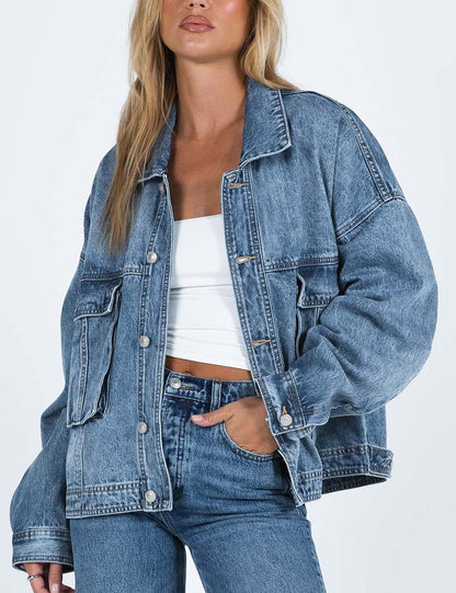 Washed Casual Pockets Buttons Denim Jacket