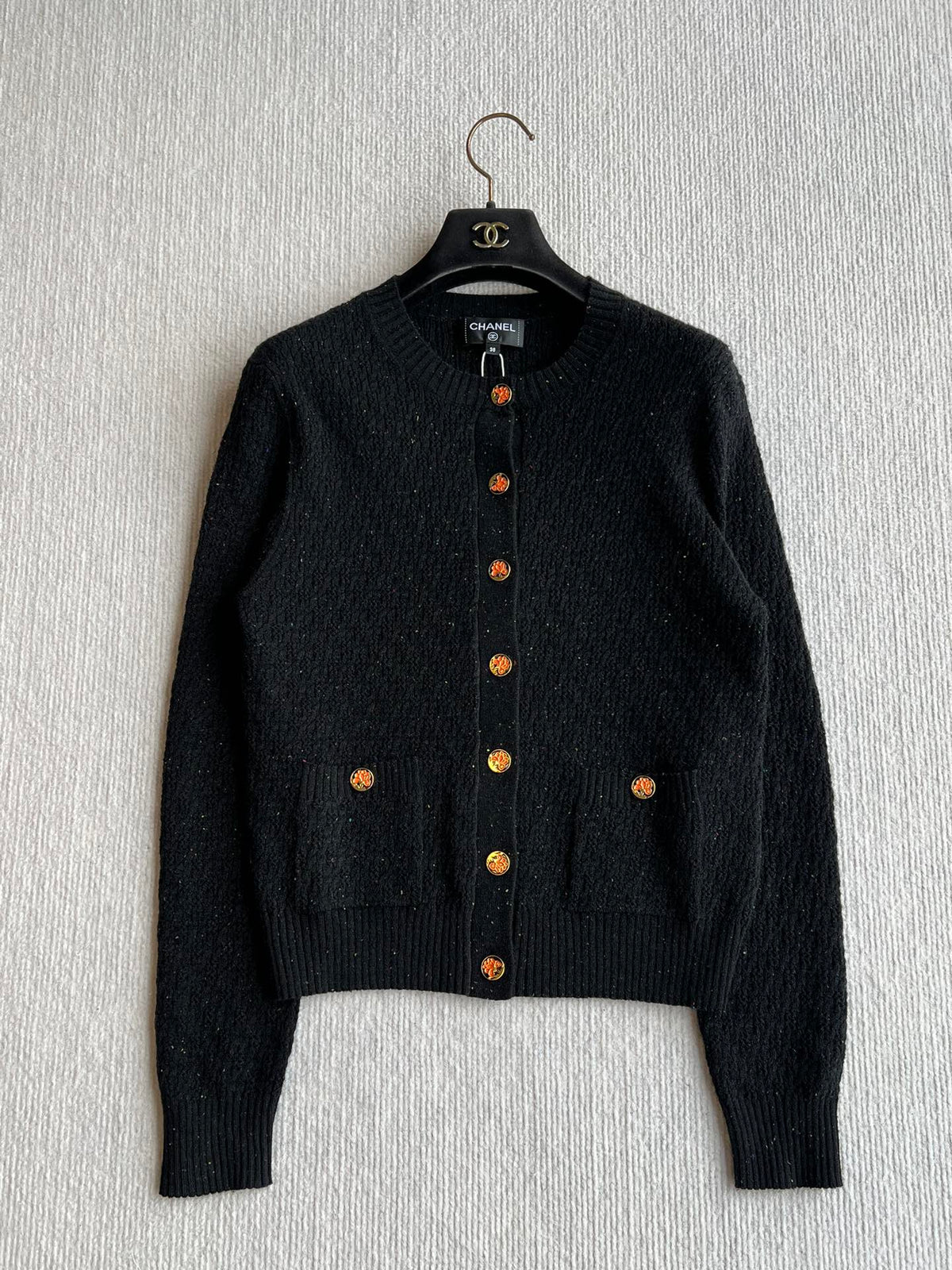 CC 25A Classic Round Neck Floral Wool Cardigan In Black 275516