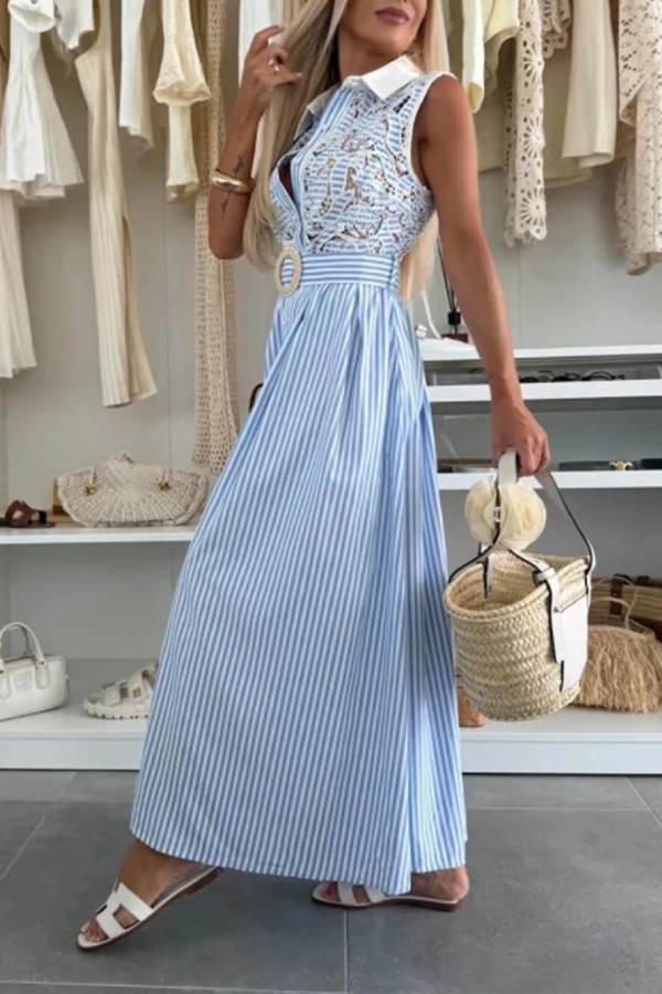 Retro Lace-Trimmed Splicing Striped Print Button-Down Maxi Dress