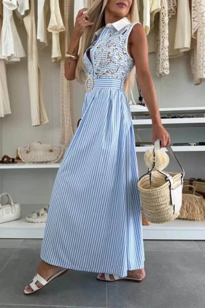 Retro Lace-Trimmed Splicing Striped Print Button-Down Maxi Dress