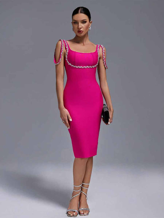 Kiara Square Neck Rhinestone Bandage Midi Dress