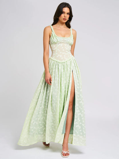 Lace Maxi Dress With Square Neckline And Slit