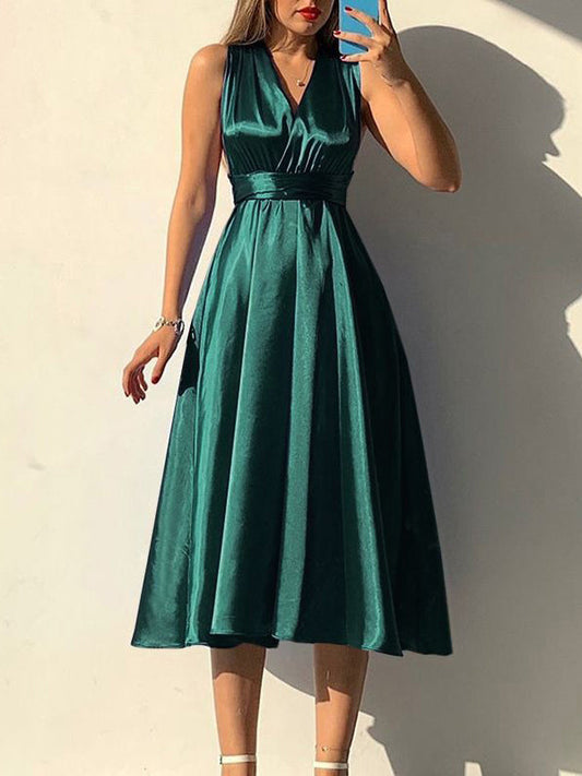 Solid Color Bandage Sleeveless Elegant Satin Midi Dresses