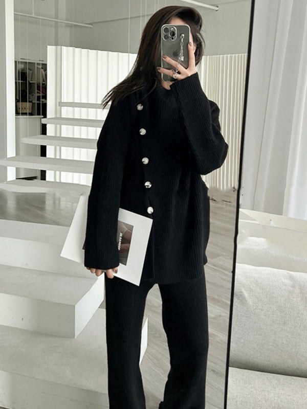 Casual Loose Solid Color Half Turtleneck Sweater Tops & Wide Leg Pants Suits