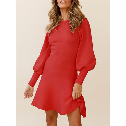 Puff Sleeves Wrap Solid Color Round-Neck Mini Dresses