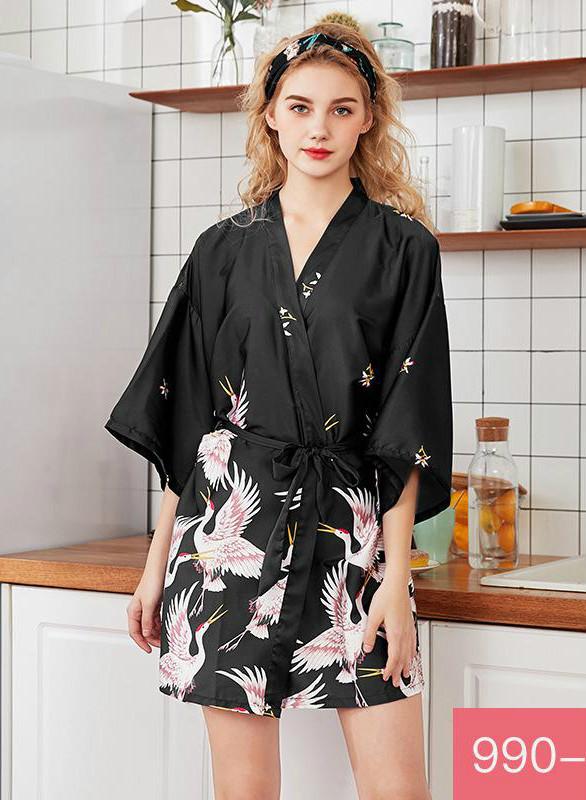 Silk Crane Pajama Girl Summer Mid Sleeve Bride Morning Robe Big Yard Home Robe Bathrobe
