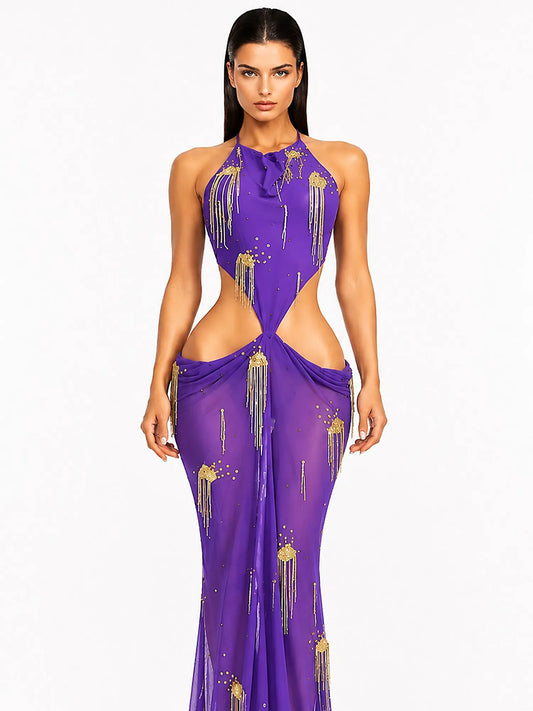 Sabrina Pleated Cut-Out Metallic Tassel Maxi Dress In Purple
