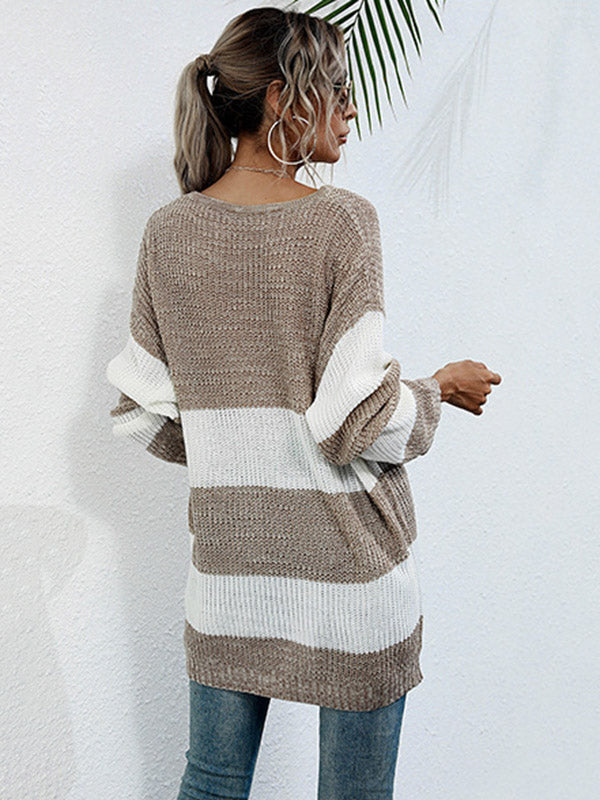 Simple Loose Contrast Color Striped Round-Neck Sweater
