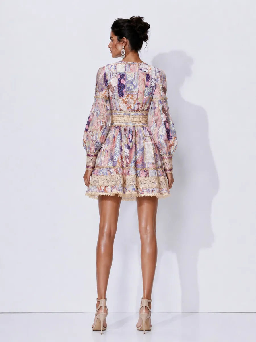 Carmen Lace-Panelled Printed Long-Sleeve Mini Dress