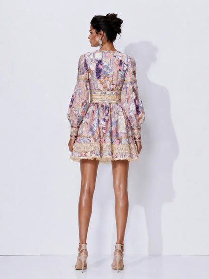 Carmen Lace-Panelled Printed Long-Sleeve Mini Dress