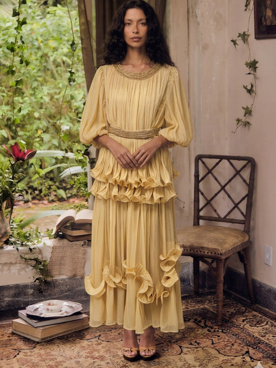 Eloisa Puff-Sleeve Ruffled Maxi Dress