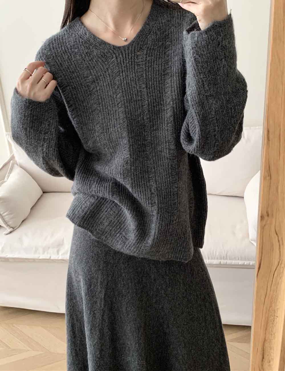 Solid Color Loose Knit Sweater Maxi Skirt Set