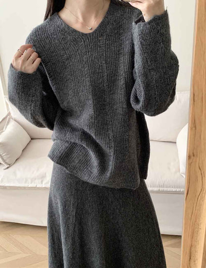Solid Color Loose Knit Sweater Maxi Skirt Set