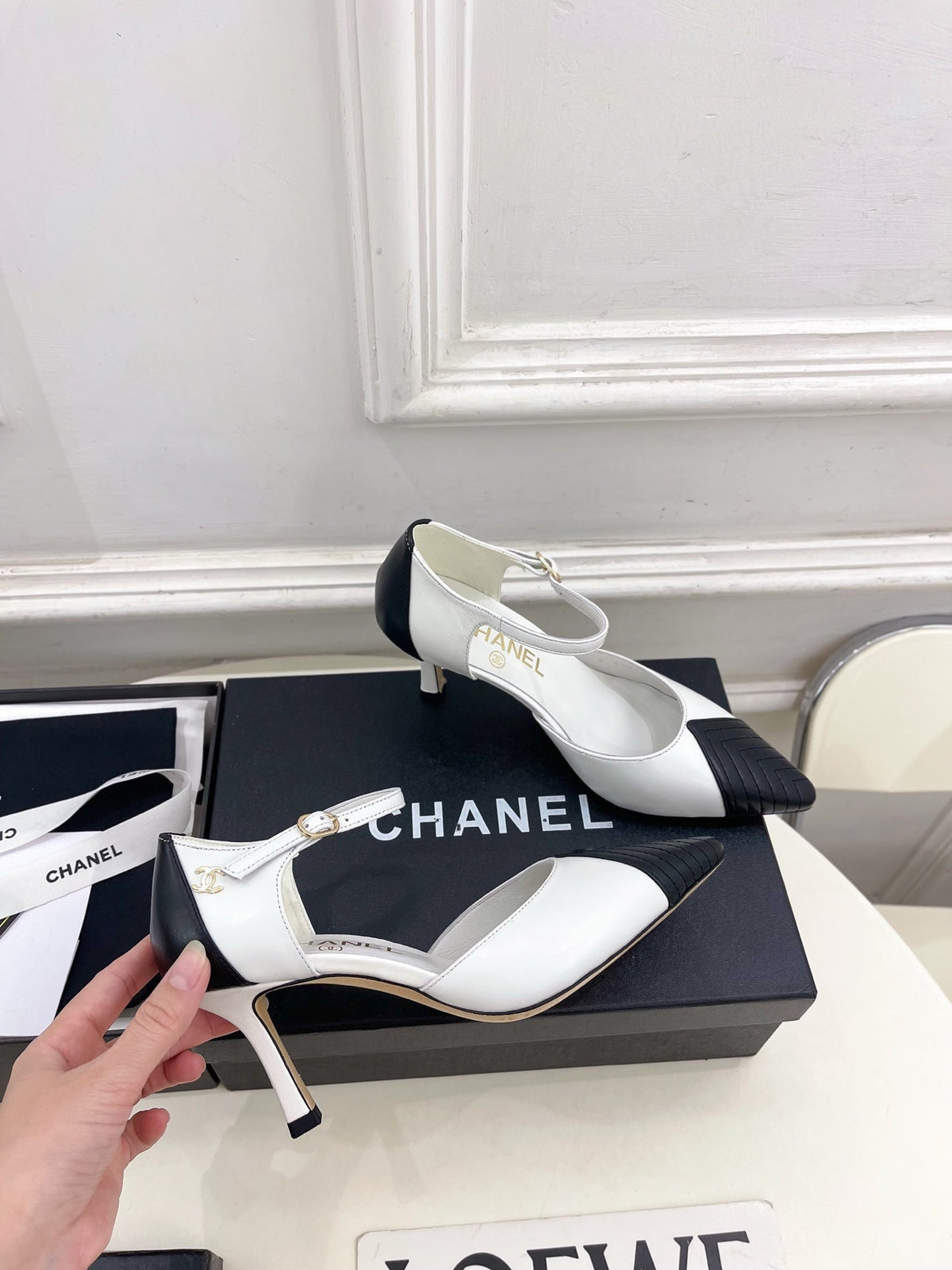 CC 26 SS Double C Slingback 7.5cm Black White Calfskin 586935