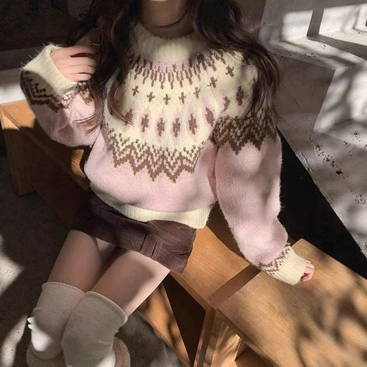 Fair Isle Sweater Women Pink Round Neck Knit Top Winter