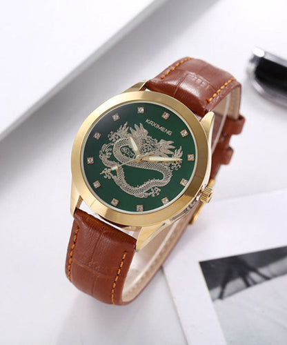 Art Brown Leather Waterproof Noctilucent Jade Stone Watches
