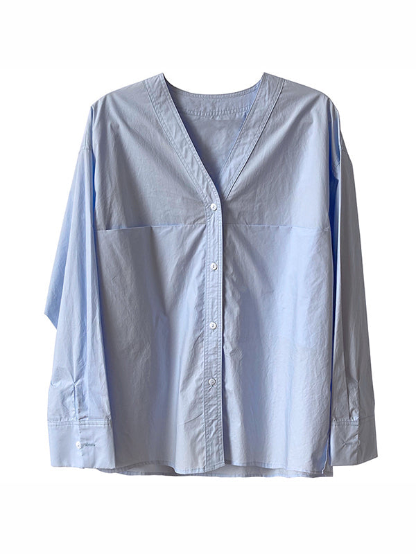 Long Sleeves Loose Buttoned Solid Color Split-Joint V-Neck Blouses&Shirts Tops