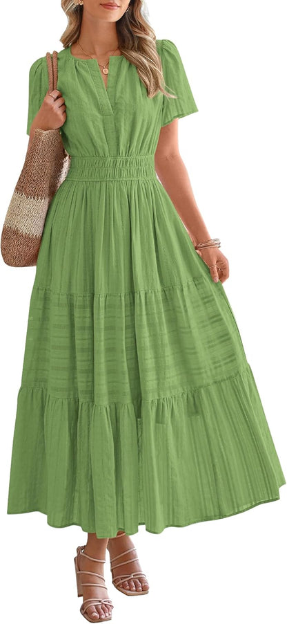 Womens Summer Lightweight Short Sleeve V Casual Midi Maxi Dresses