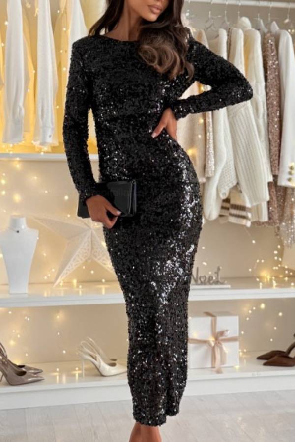 Sequined backless bodycon dress with tie-up straps.