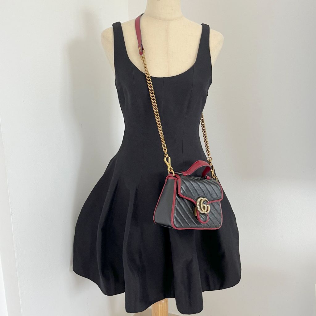 Gucci Black/Red Diagonal Quilt Leather Mini GG Marmont Bag