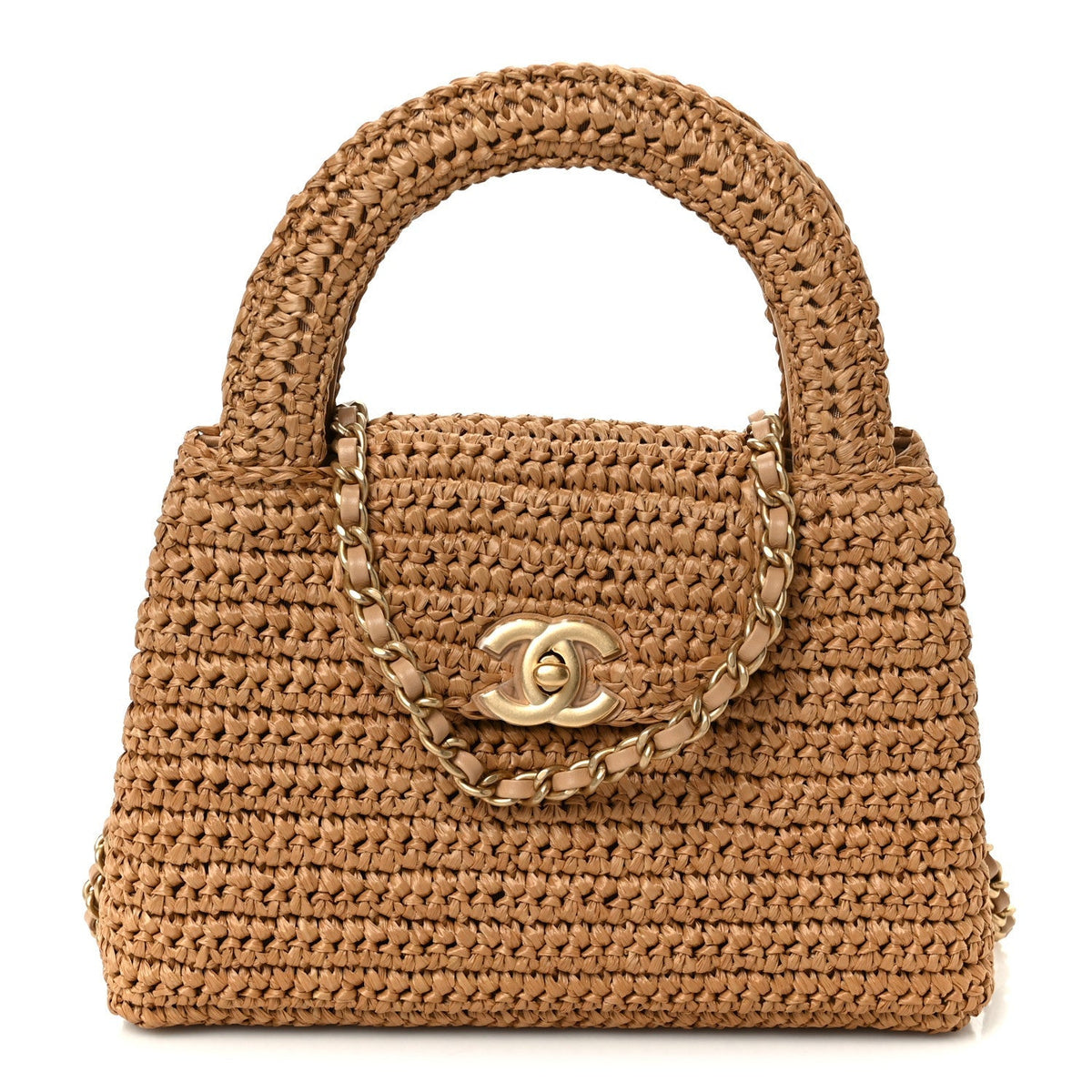 Braided Raffia Nano Kelly Flap Bag Dark Beige