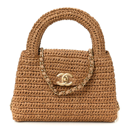 Braided Raffia Nano Kelly Flap Bag Dark Beige