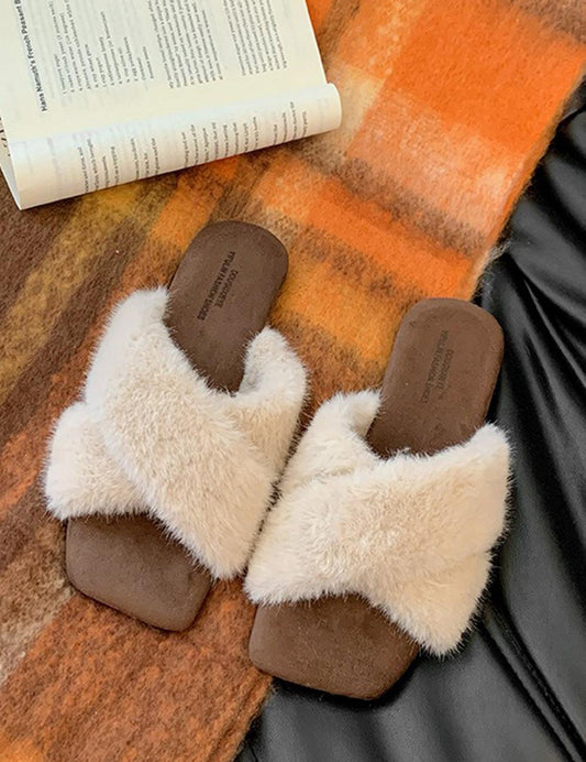 Square-Toe Cross-Strap Fuzzy Slippers