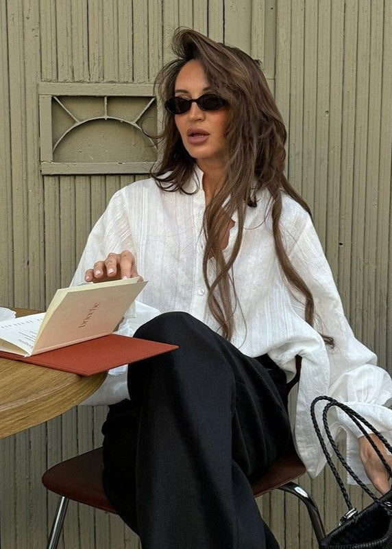 White Cotton Linen Shirt With Balloon Sleeves